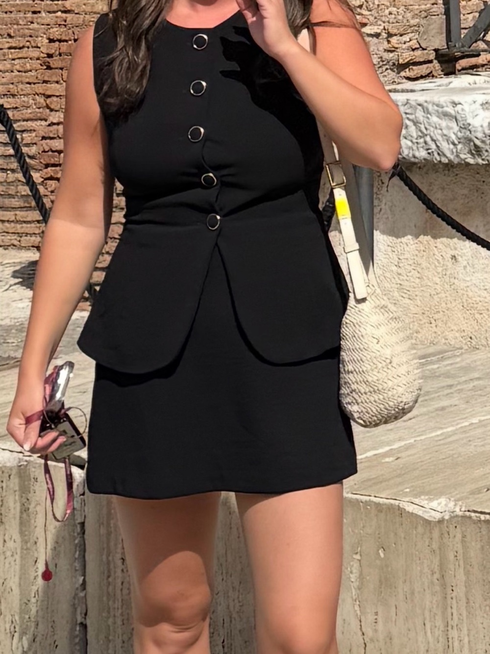 Sleeveless Black Mini Dress with Ring Button Detail